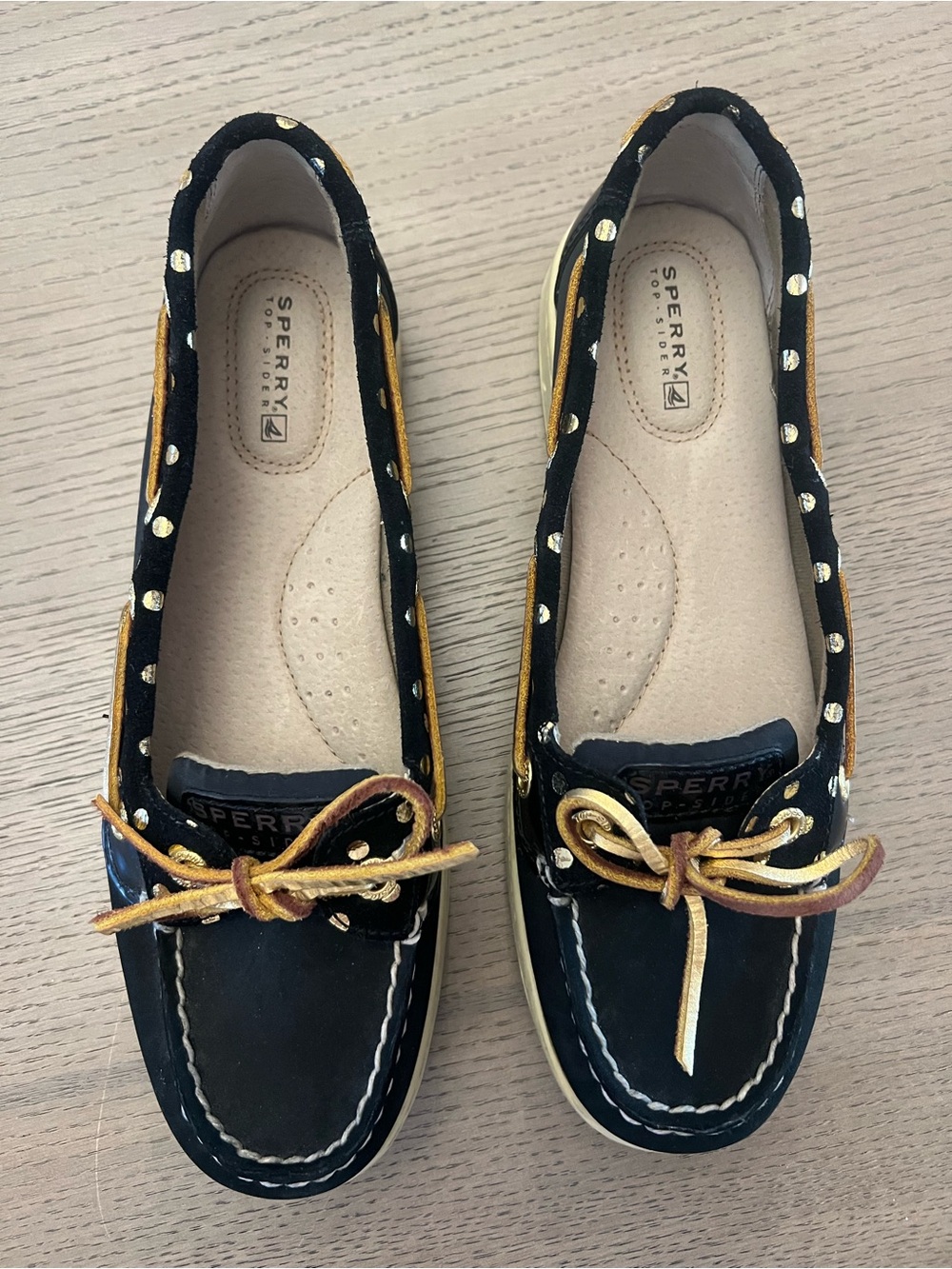 Sperry Black & Gold Polka Dot Leather Boat Shoes Flats